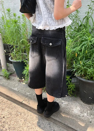 Side Pintuck Bermuda Washed Denim Pants