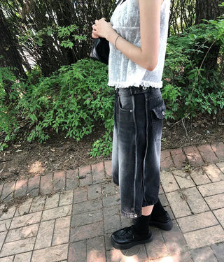 Side Pintuck Bermuda Washed Denim Pants