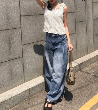Line Cut Pintuck Denim Balloon Wide Pants