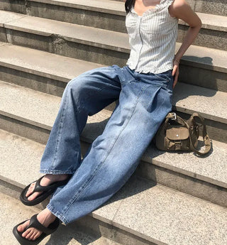 Line Cut Pintuck Denim Balloon Wide Pants