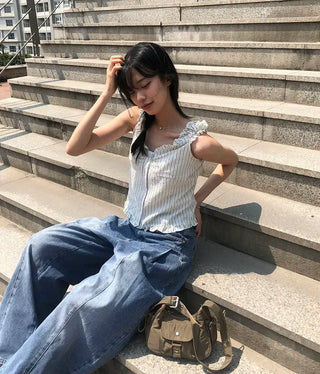 Line Cut Pintuck Denim Balloon Wide Pants