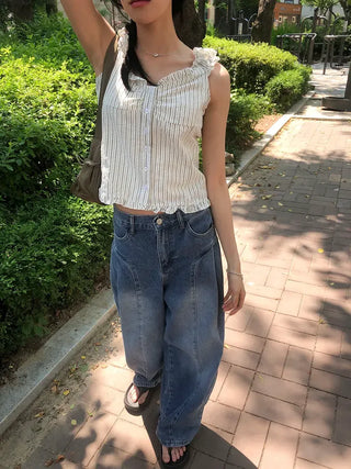 Line Cut Pintuck Denim Balloon Wide Pants
