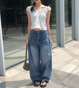 Line Cut Pintuck Denim Balloon Wide Pants