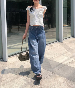 Line Cut Pintuck Denim Balloon Wide Pants