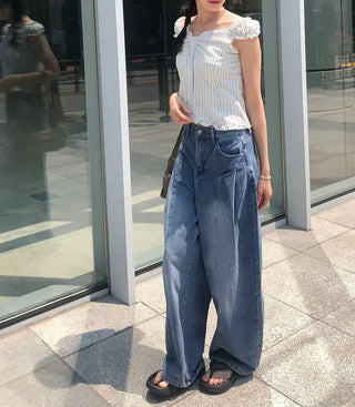 Line Cut Pintuck Denim Balloon Wide Pants