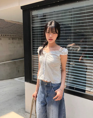 Line Cut Pintuck Denim Balloon Wide Pants