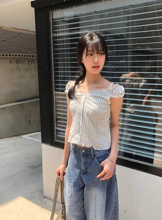 Line Cut Pintuck Denim Balloon Wide Pants