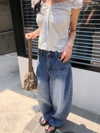 Line Cut Pintuck Denim Balloon Wide Pants