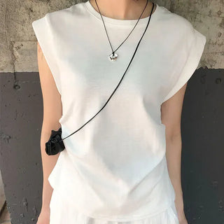 Cotton Loose Shirred Roll-up Sleeveless T-shirt