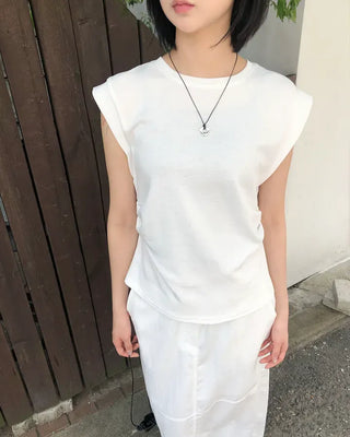 Cotton Loose Shirred Roll-up Sleeveless T-shirt