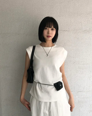 Cotton Loose Shirred Roll-up Sleeveless T-shirt