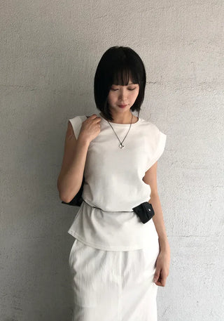 Cotton Loose Shirred Roll-up Sleeveless T-shirt