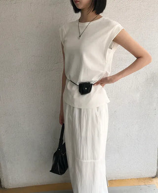 Cotton Loose Shirred Roll-up Sleeveless T-shirt