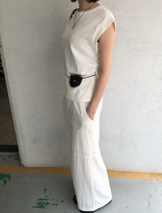 Cotton Loose Shirred Roll-up Sleeveless T-shirt