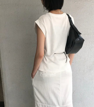 Cotton Loose Shirred Roll-up Sleeveless T-shirt