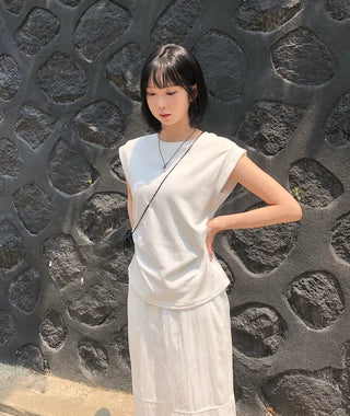 Cotton Loose Shirred Roll-up Sleeveless T-shirt