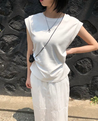 Cotton Loose Shirred Roll-up Sleeveless T-shirt