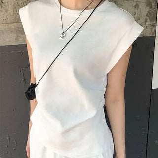 Cotton Loose Shirred Roll-up Sleeveless T-shirt