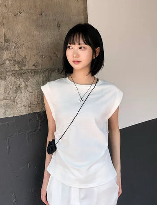 Cotton Loose Shirred Roll-up Sleeveless T-shirt
