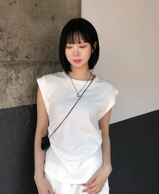 Cotton Loose Shirred Roll-up Sleeveless T-shirt