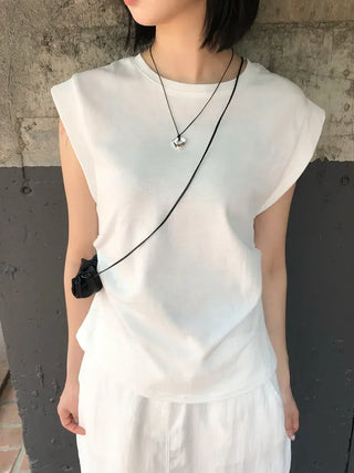 Cotton Loose Shirred Roll-up Sleeveless T-shirt