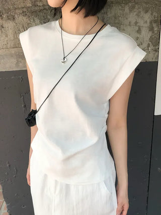 Cotton Loose Shirred Roll-up Sleeveless T-shirt