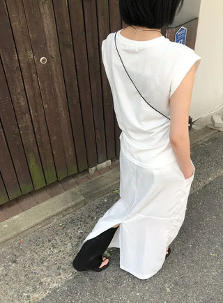 Cotton Loose Shirred Roll-up Sleeveless T-shirt