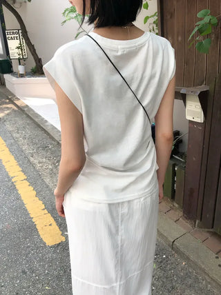 Cotton Loose Shirred Roll-up Sleeveless T-shirt