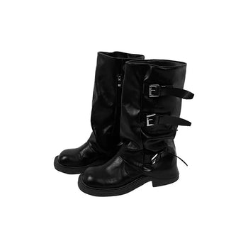 Three-buckle shirred mid-calf boots