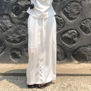 Nylon String Banding Slit Maxi Long Skirt