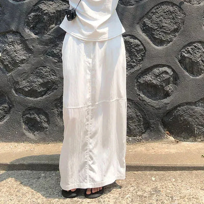 Nylon String Banding Slit Maxi Long Skirt
