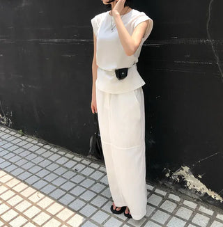 Nylon String Banding Slit Maxi Long Skirt