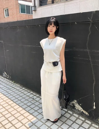 Nylon String Banding Slit Maxi Long Skirt