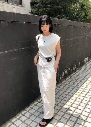 Nylon String Banding Slit Maxi Long Skirt