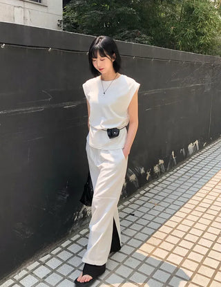 Nylon String Banding Slit Maxi Long Skirt