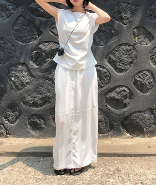Nylon String Banding Slit Maxi Long Skirt