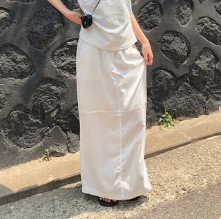 Nylon String Banding Slit Maxi Long Skirt