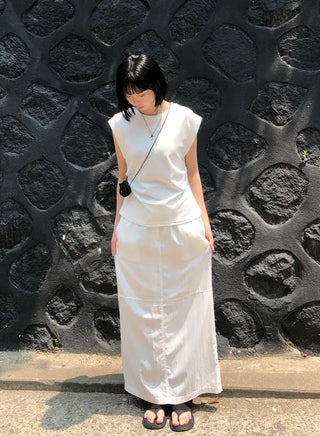 Nylon String Banding Slit Maxi Long Skirt