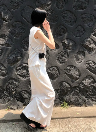 Nylon String Banding Slit Maxi Long Skirt