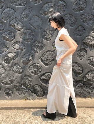 Nylon String Banding Slit Maxi Long Skirt