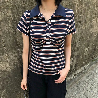 Striped Shirred Collar Short Sleeve Tee