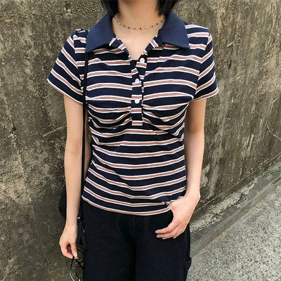 Striped Shirred Collar Short Sleeve Tee