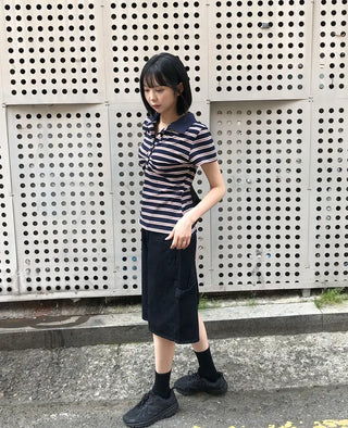 Striped Shirred Collar Short Sleeve Tee