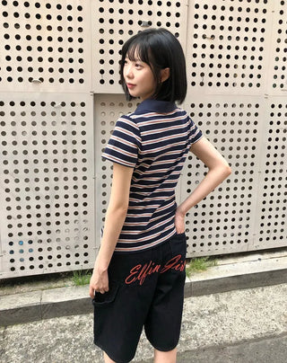 Striped Shirred Collar Short Sleeve Tee