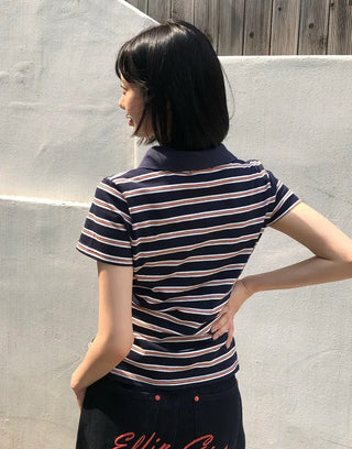 Striped Shirred Collar Short Sleeve Tee