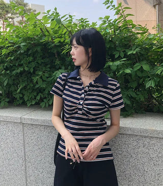 Striped Shirred Collar Short Sleeve Tee