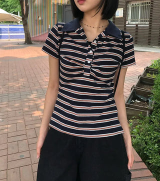 Striped Shirred Collar Short Sleeve Tee