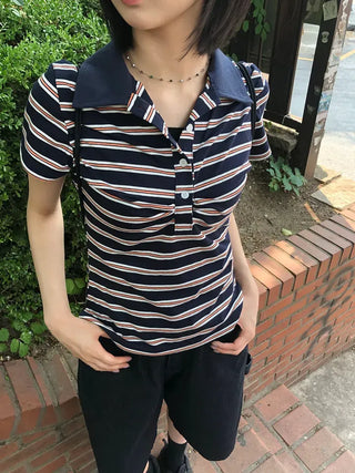 Striped Shirred Collar Short Sleeve Tee