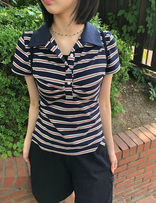 Striped Shirred Collar Short Sleeve Tee