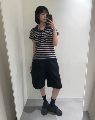 Striped Shirred Collar Short Sleeve Tee